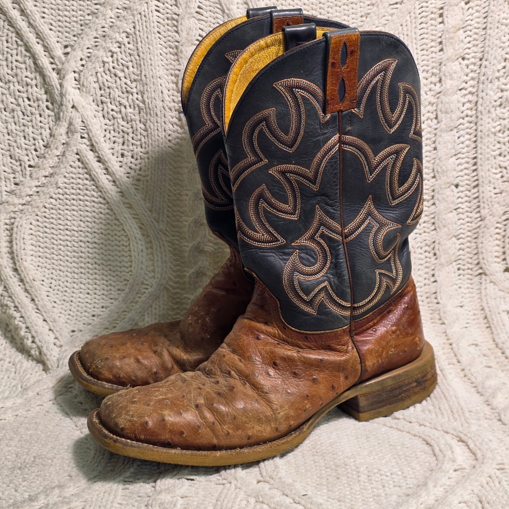 Cavenders Full Quill Ostrich Leather Cowboy Boots Square Toe Mens 8.5 EE Good